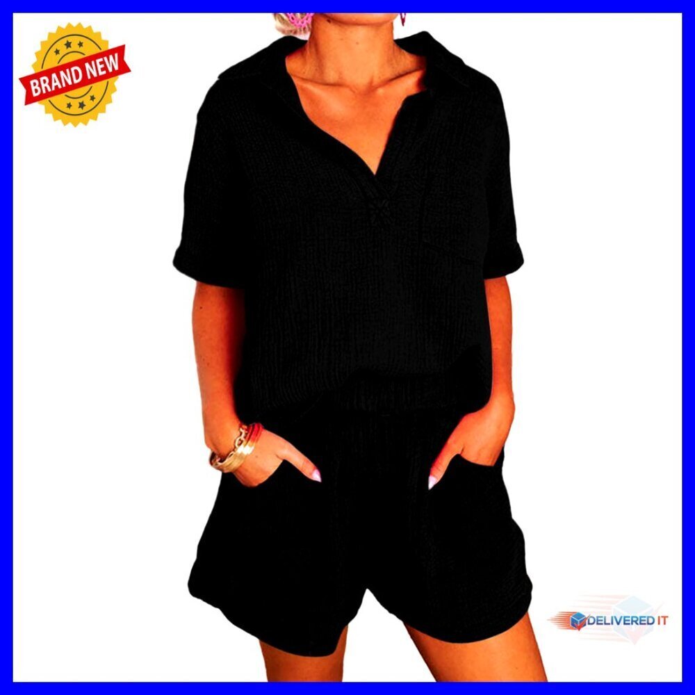 Two Piece Lounge Set V Neck Short Sleeve Shirt High Waist Shorts Chic Summer